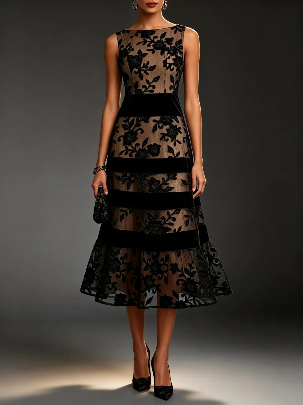 Odette Midi Dress with Floral Embroidered Tulle