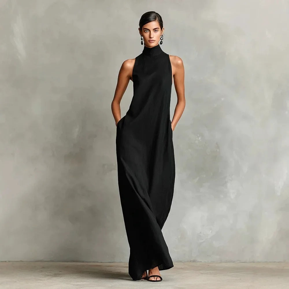 Celina Long Loose-Fitting Sleeveless Dress with High Neck