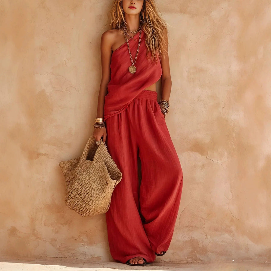 Carlota Two-Piece Linen Effect Set with Wide Leg Trousers