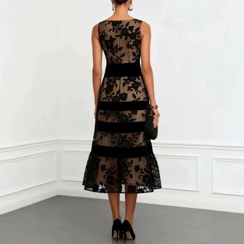 Odette Midi Dress with Floral Embroidered Tulle