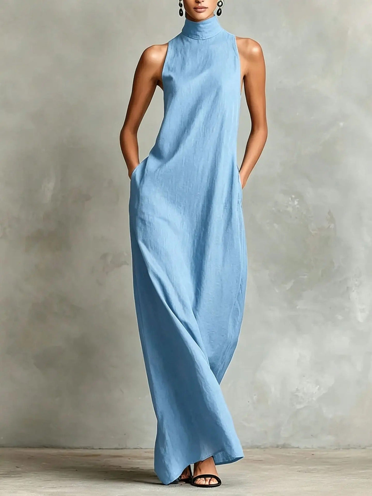 Celina Long Loose-Fitting Sleeveless Dress with High Neck