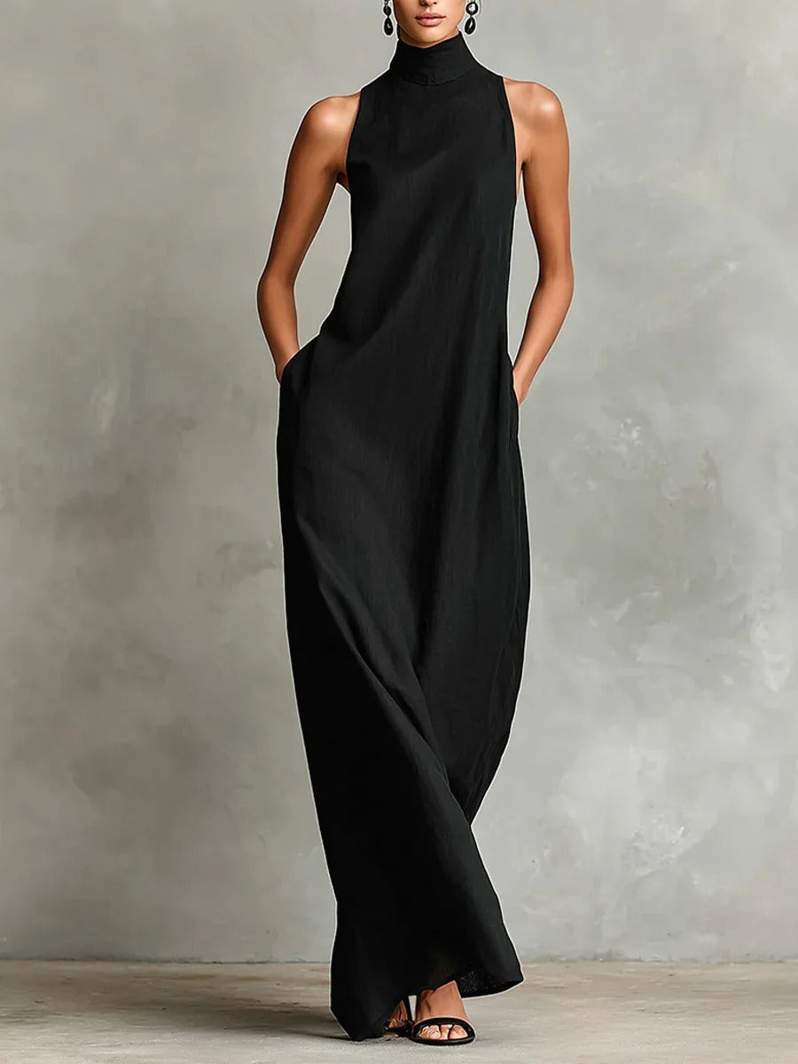 Celina Long Loose-Fitting Sleeveless Dress with High Neck