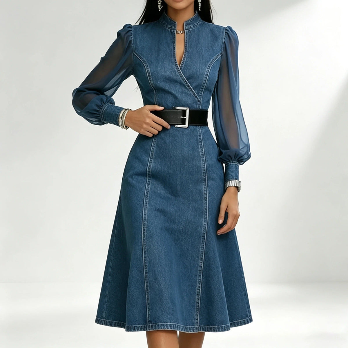 Cesarina denim dress with sheer sleeves