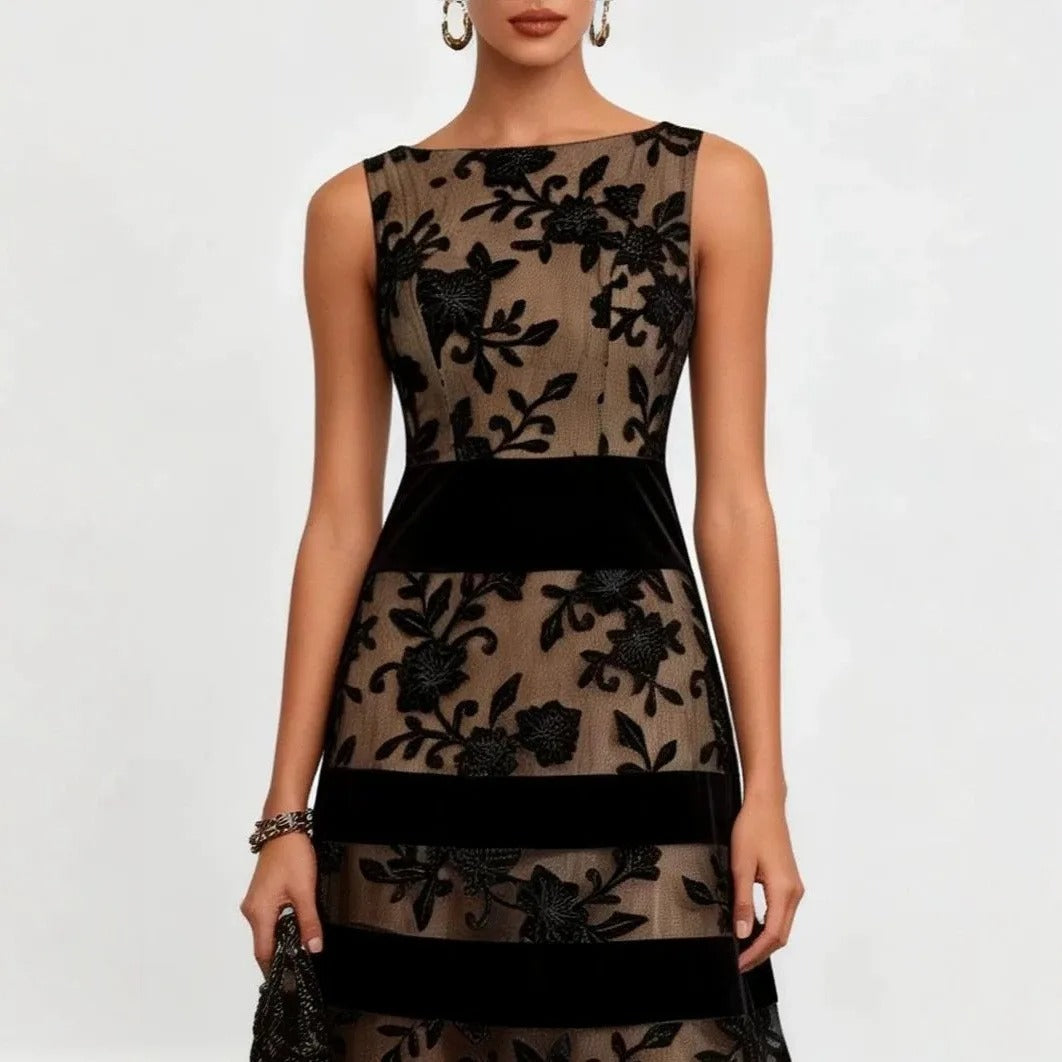 Odette Midi Dress with Floral Embroidered Tulle
