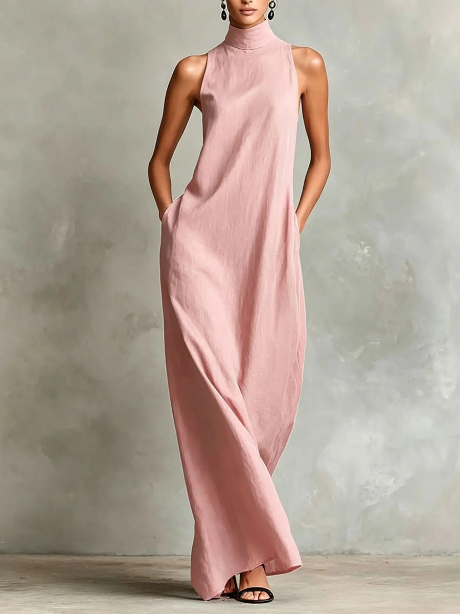 Celsa Long Loose-Fitting Sleeveless Dress with High Neck