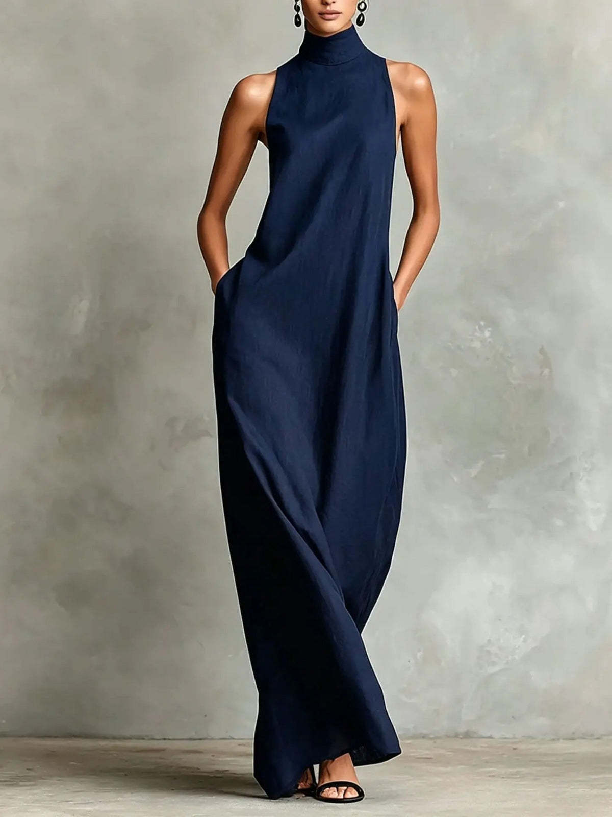 Celina Long Loose-Fitting Sleeveless Dress with High Neck