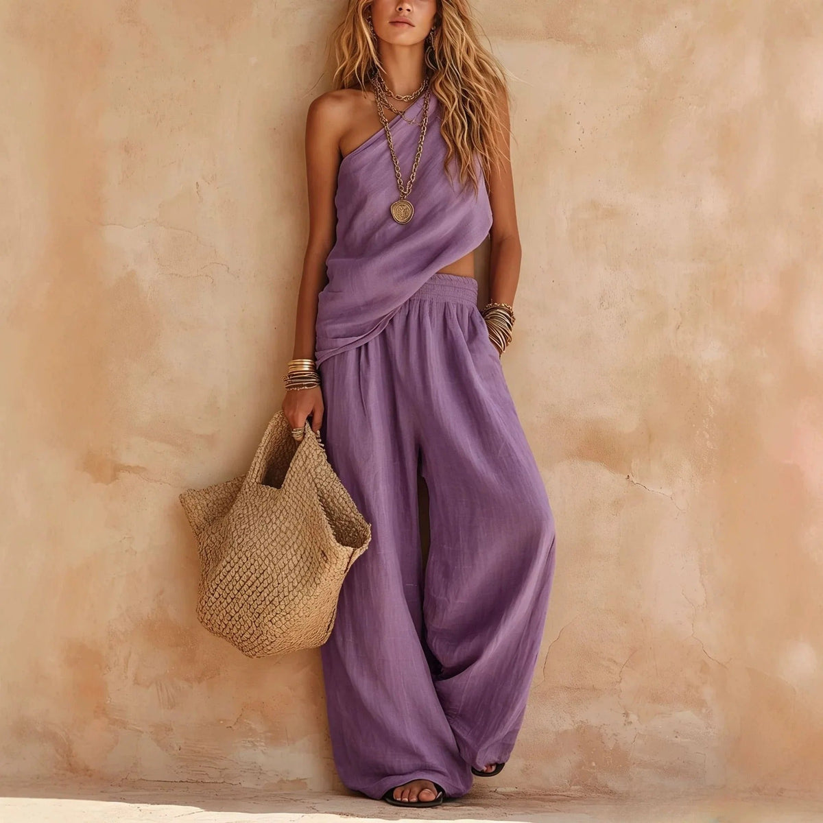 Carlota Two-Piece Linen Effect Set with Wide Leg Trousers