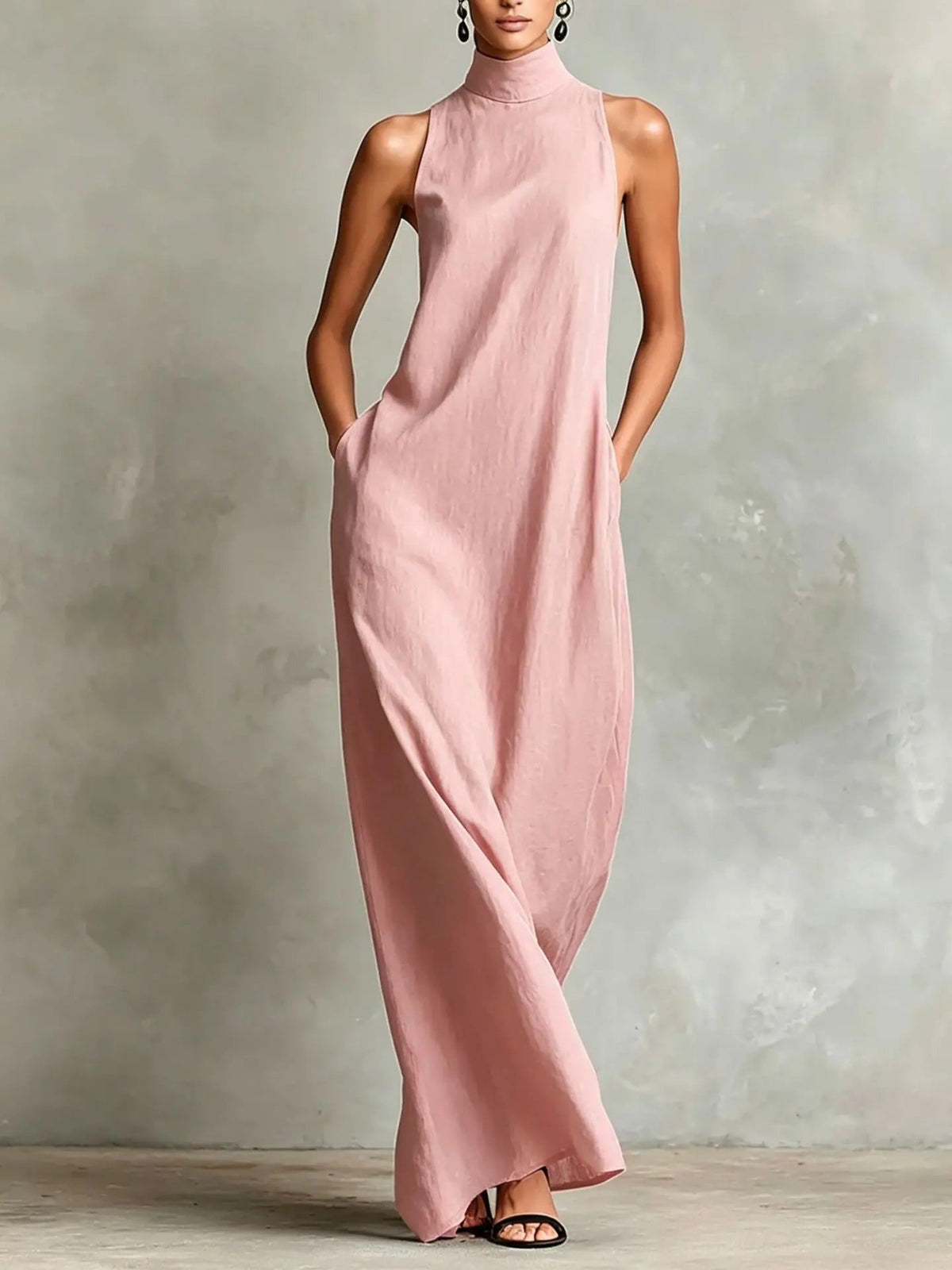 Celina Long Loose-Fitting Sleeveless Dress with High Neck