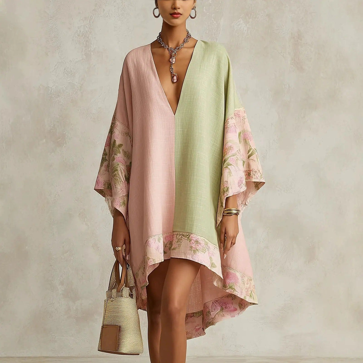 Jimena Bohemian Floral Dress with Batwing Sleeves and V Neck