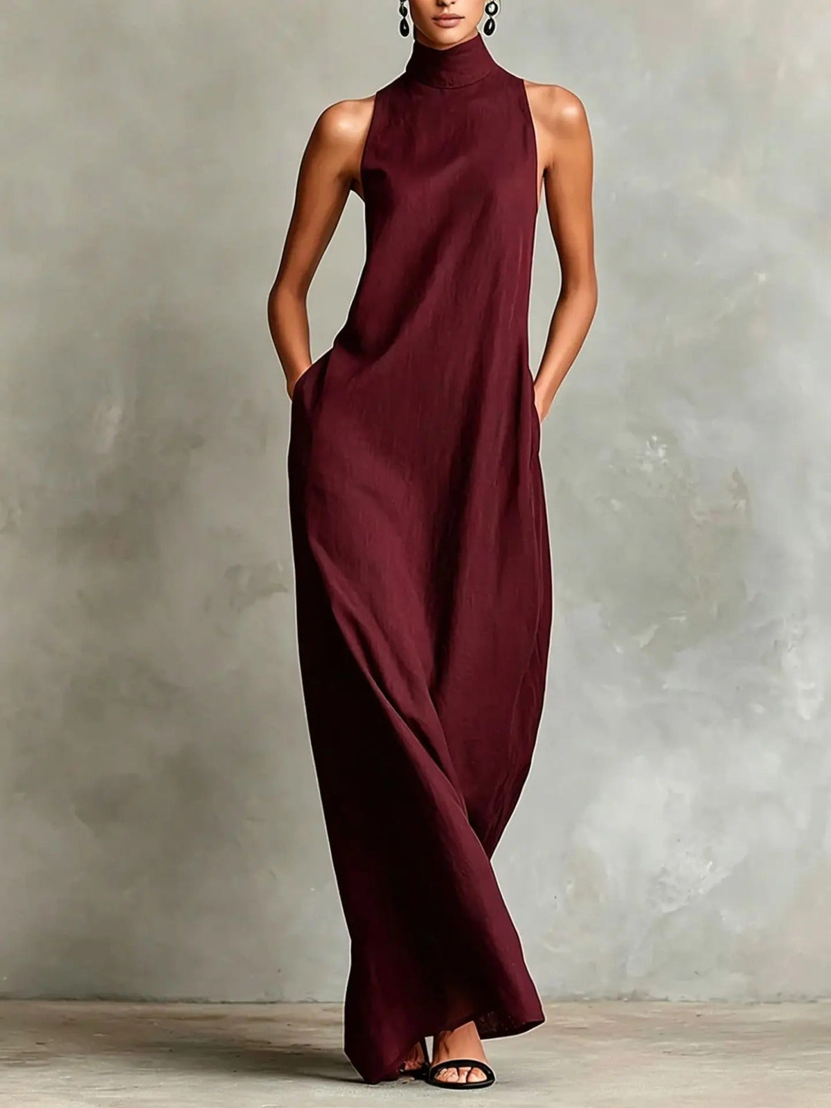 Celsa Long Loose-Fitting Sleeveless Dress with High Neck