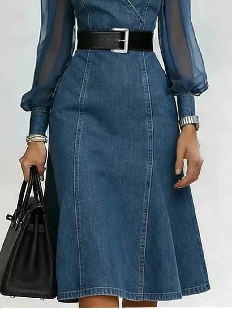 Cesarina denim dress with sheer sleeves