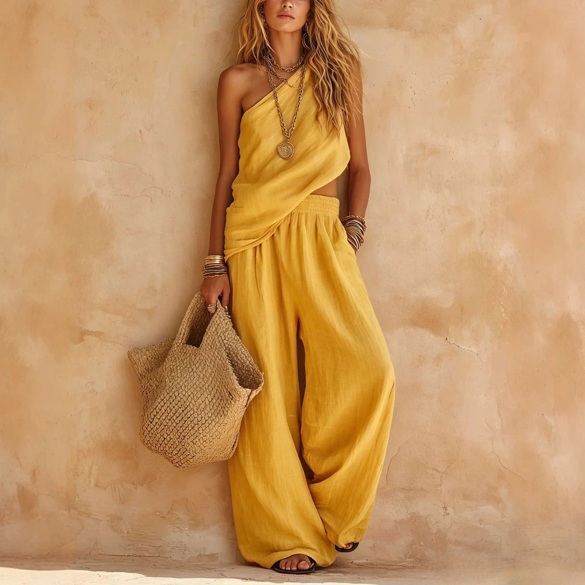 Carlota Two-Piece Linen Effect Set with Wide Leg Trousers
