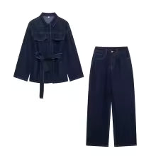 Coral two-piece denim set with belt