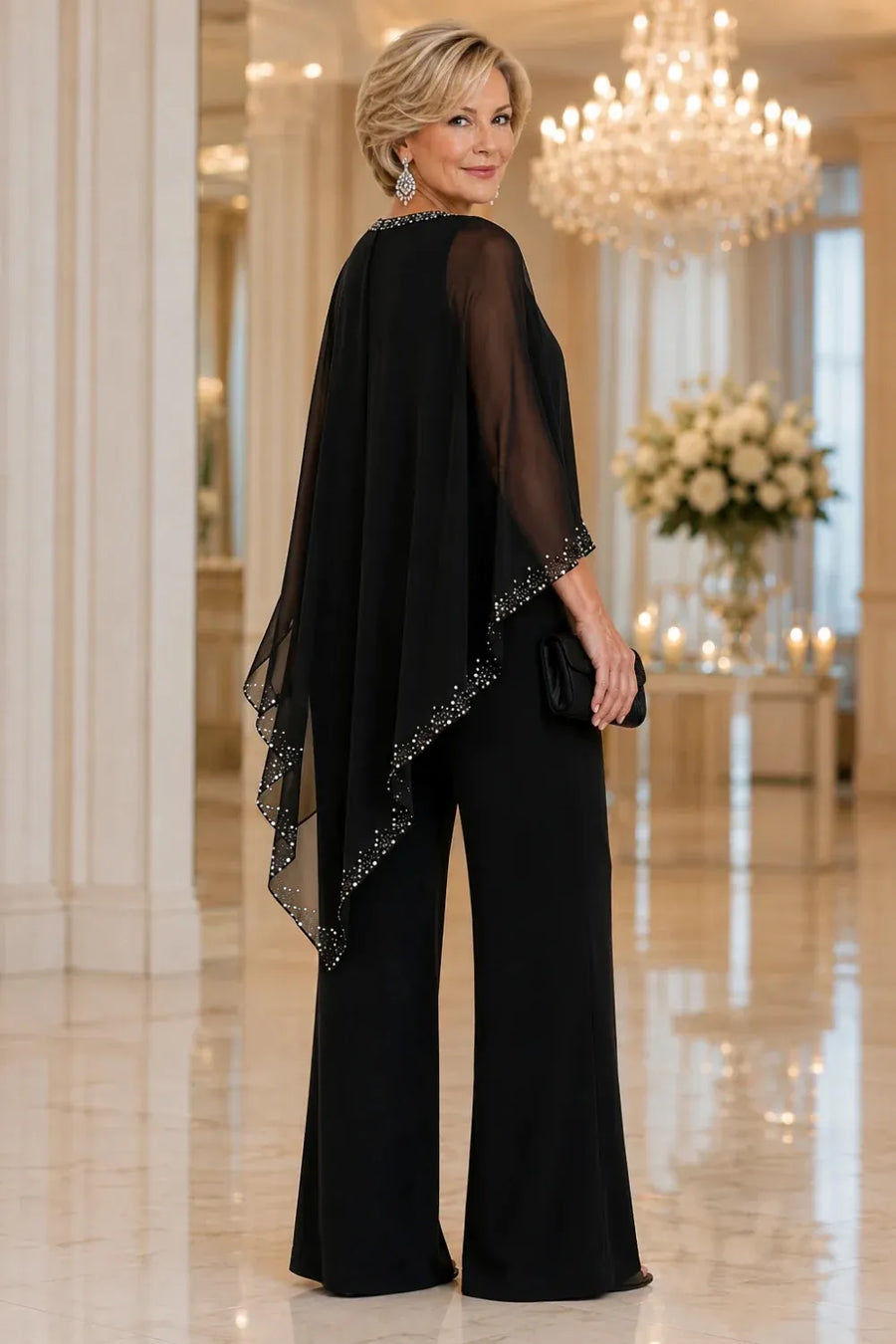 Beaded Cape Formal Trouser Suit with Wide Legs