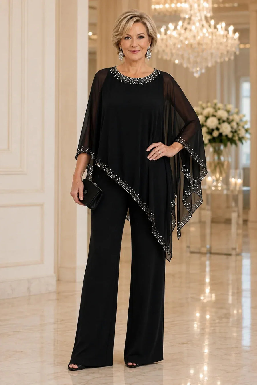 Beaded Cape Formal Trouser Suit with Wide Legs