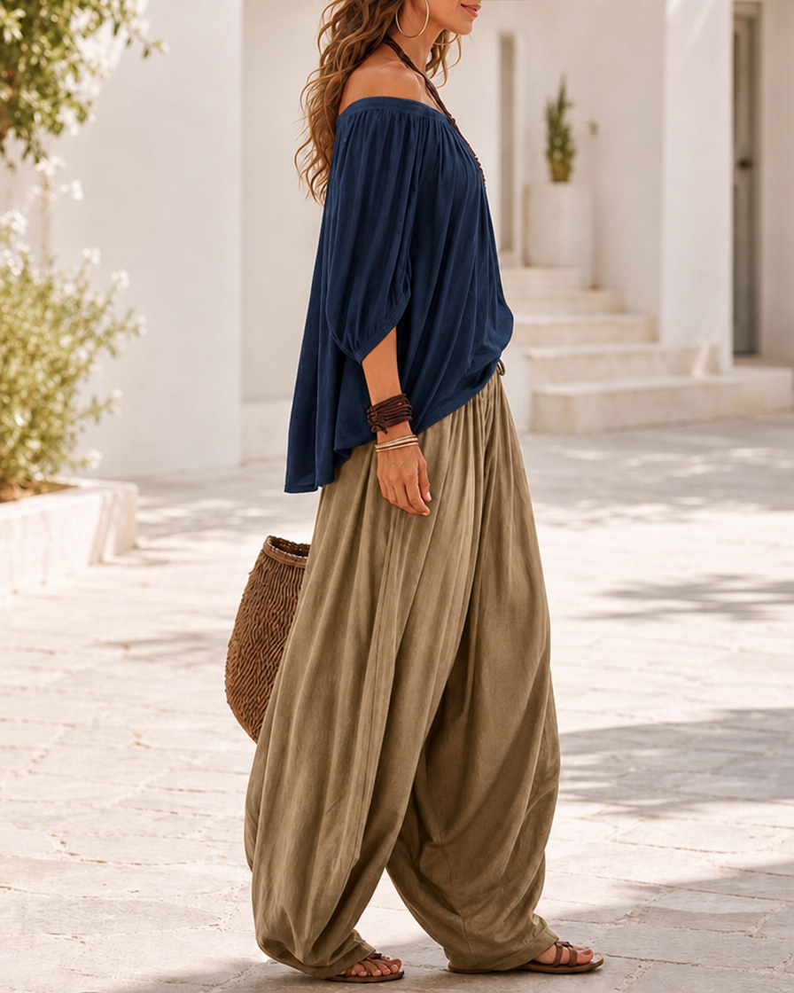 Colourblock Loose Off-Shoulder Top and Lantern Pants Set