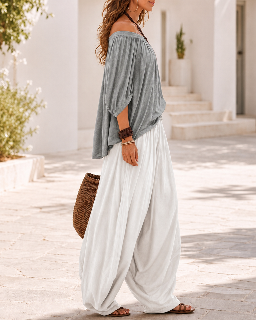 Colourblock Loose Off-Shoulder Top and Lantern Pants Set