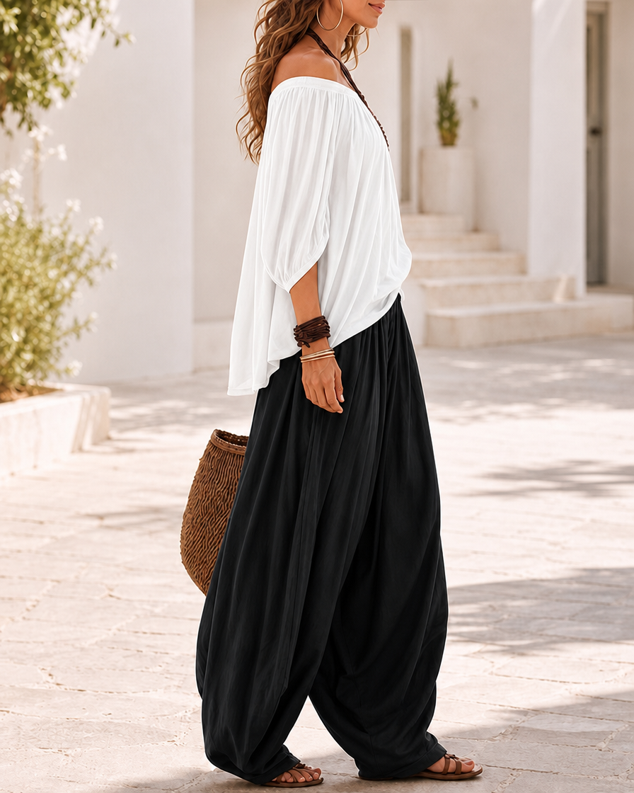 Colourblock Loose Off-Shoulder Top and Lantern Pants Set