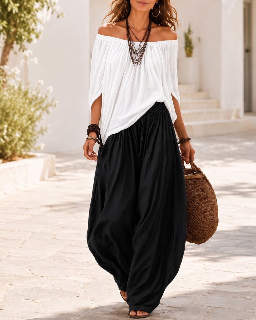 Colourblock Loose Off-Shoulder Top and Lantern Pants Set