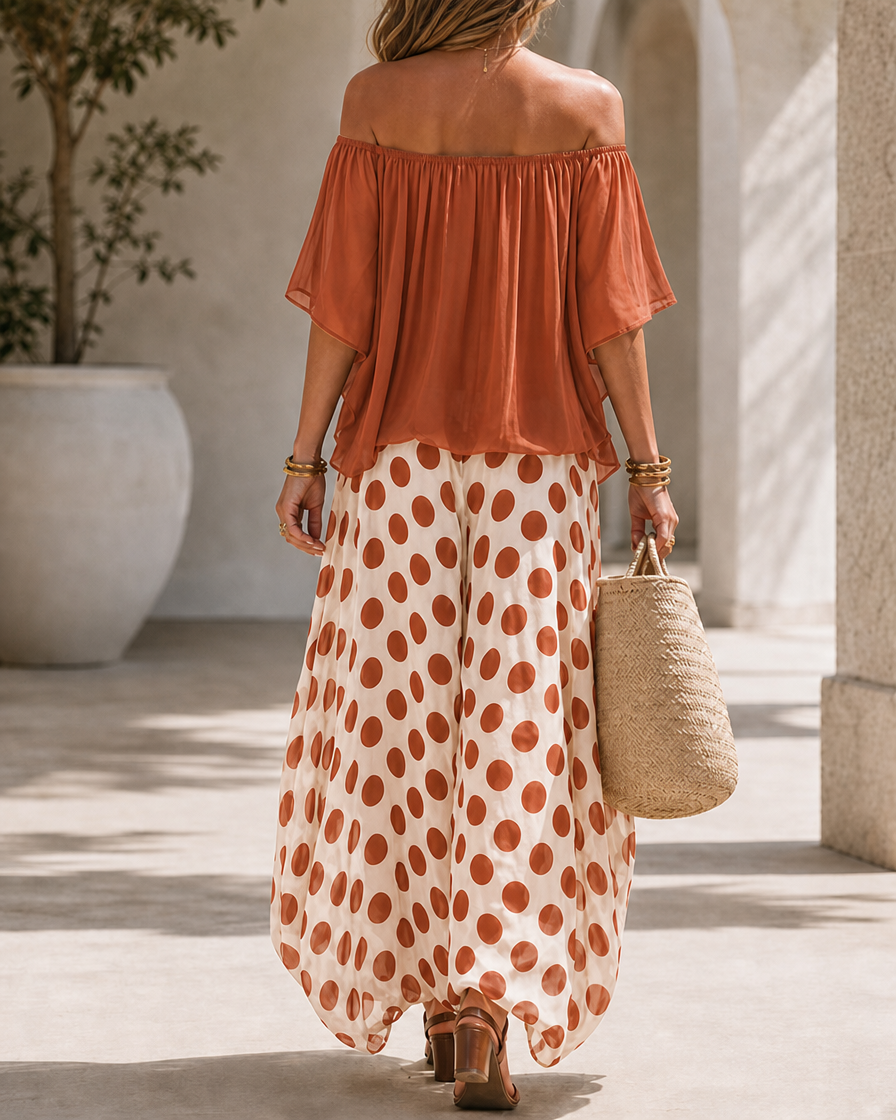 Off-Shoulder Polka Dot Flow Set