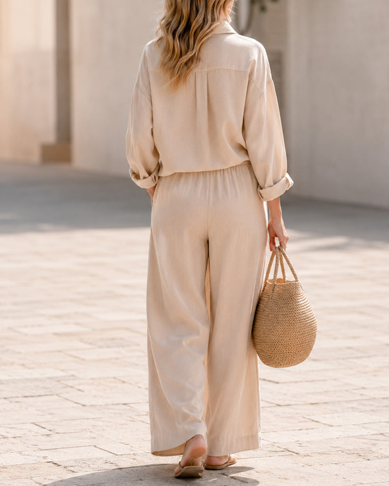 Casual Loose Long Sleeve Shirt and Wide-leg Pants Set
