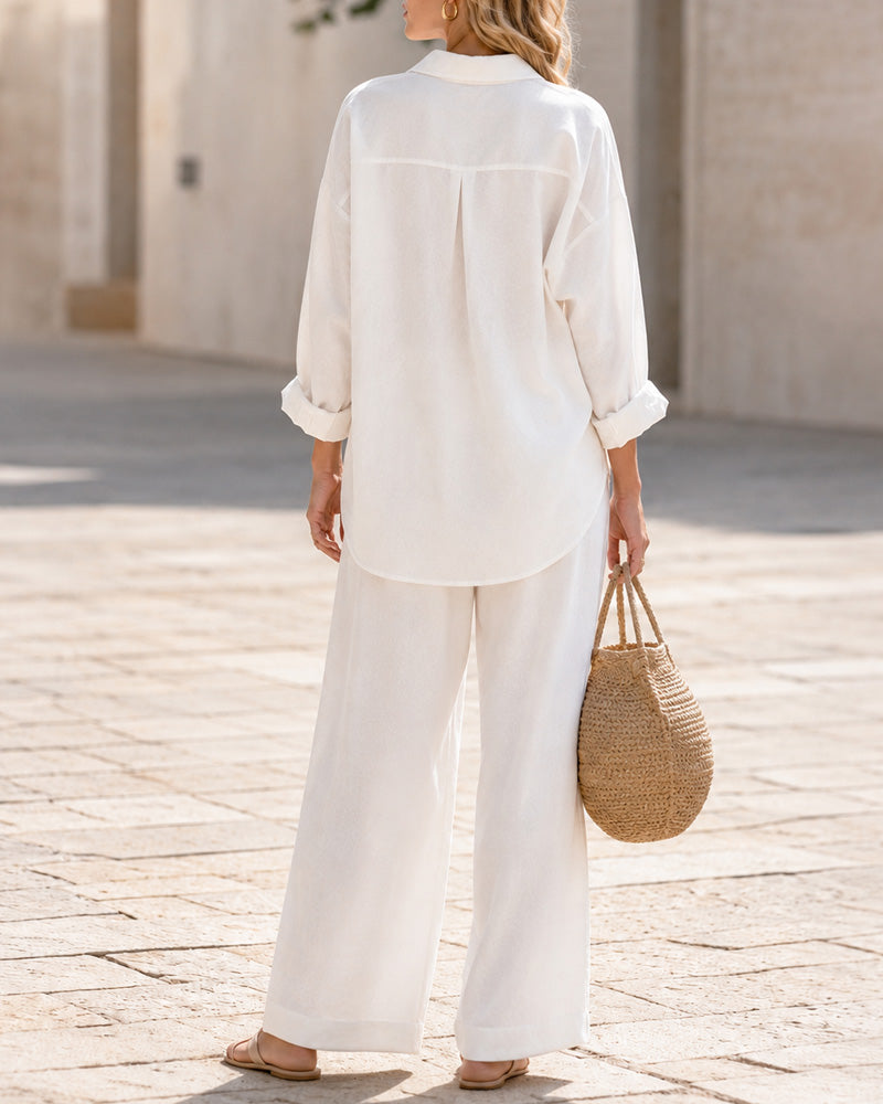 Casual Loose Long Sleeve Shirt and Wide-leg Pants Set