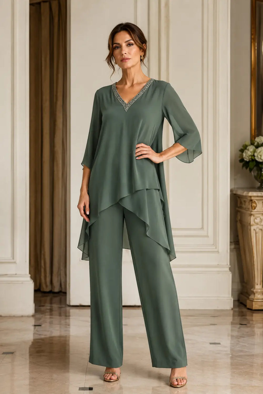 Asymmetric Capelet Trouser Suit with Wide-Leg Trousers