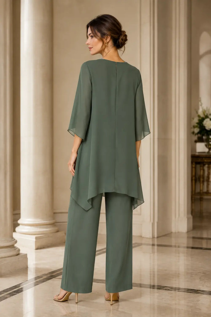 Asymmetric Capelet Trouser Suit with Wide-Leg Trousers