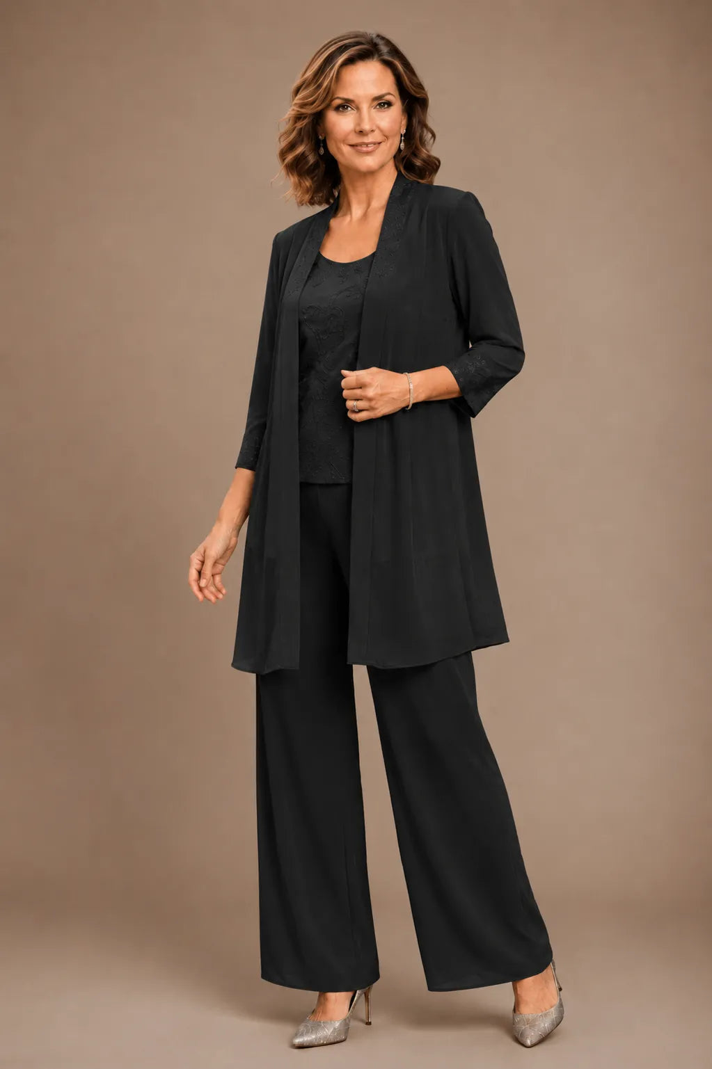 Evelyn Embroidered Three-Piece Trouser Set