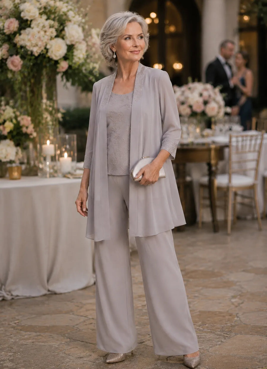 Evelyn Embroidered Three-Piece Trouser Set
