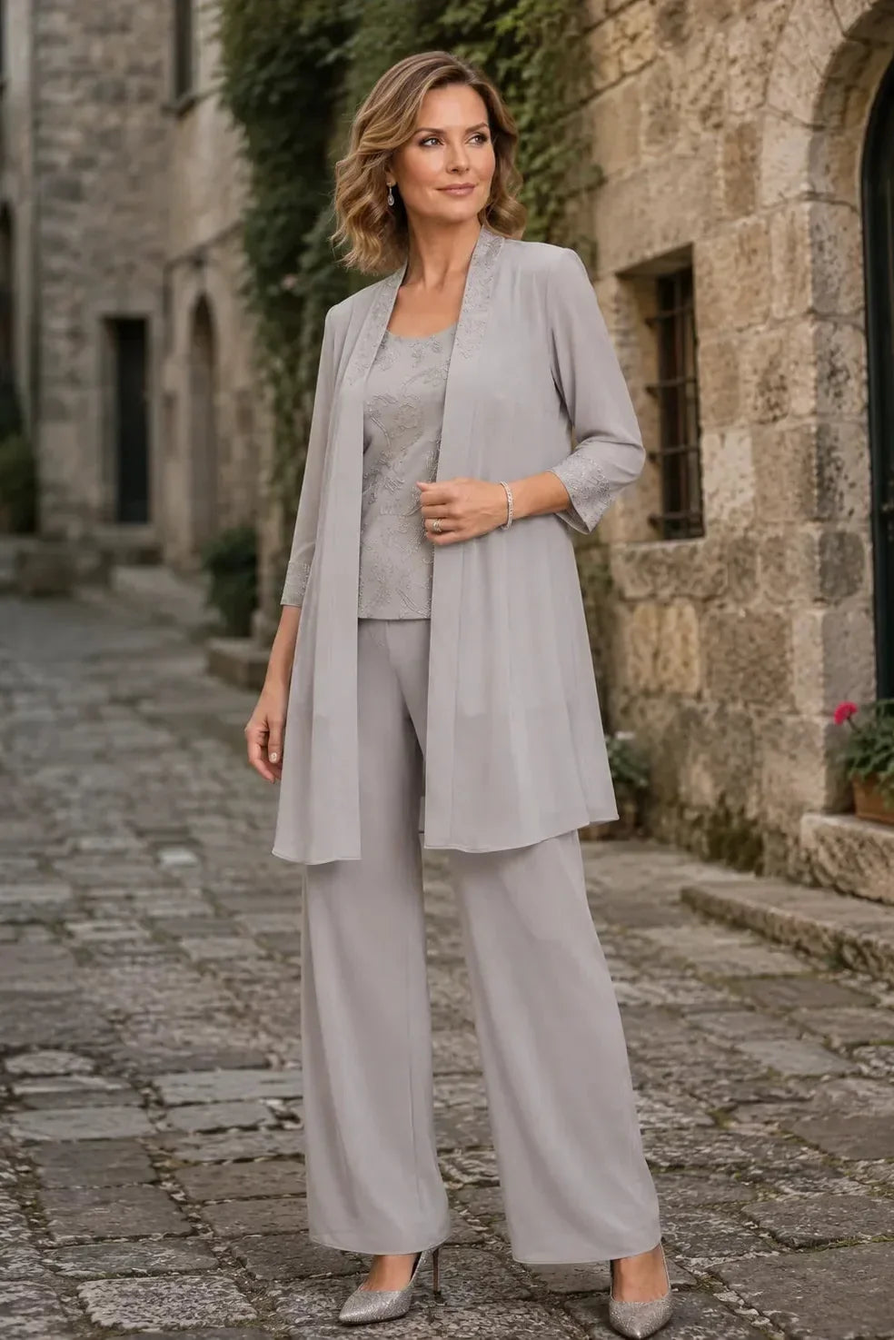 Evelyn Embroidered Three-Piece Trouser Set