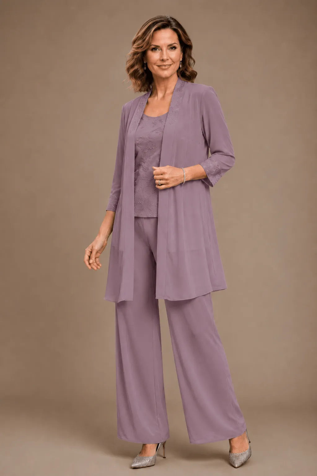 Evelyn Embroidered Three-Piece Trouser Set