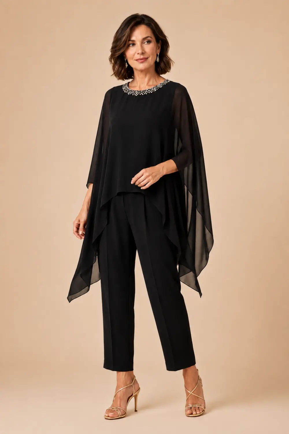 Beaded Asymmetric Capelet Trouser Suit