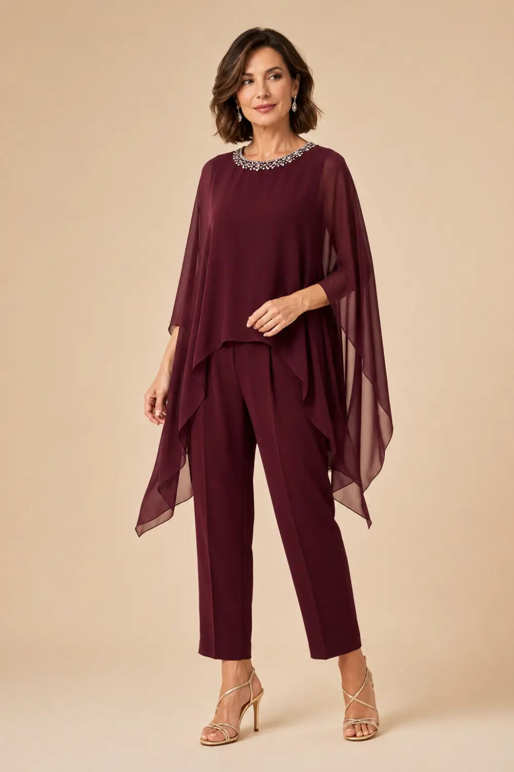 Beaded Asymmetric Capelet Trouser Suit