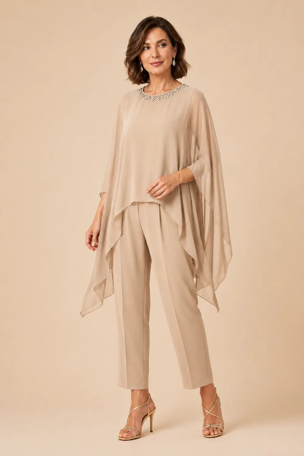 Beaded Asymmetric Capelet Trouser Suit