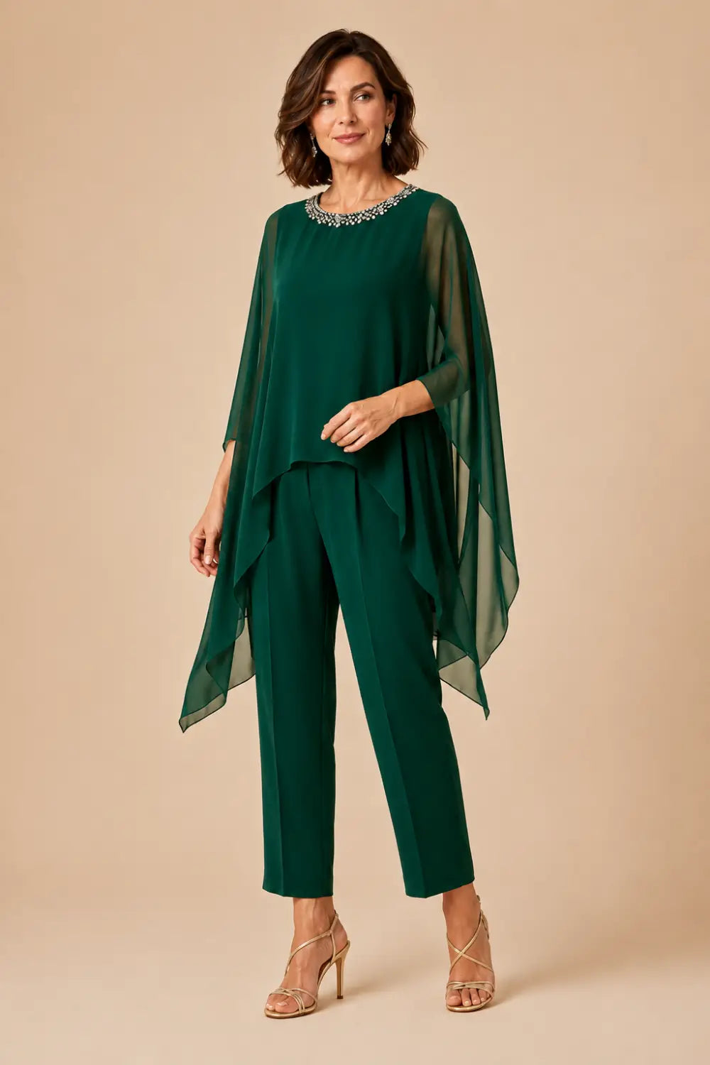 Beaded Asymmetric Capelet Trouser Suit