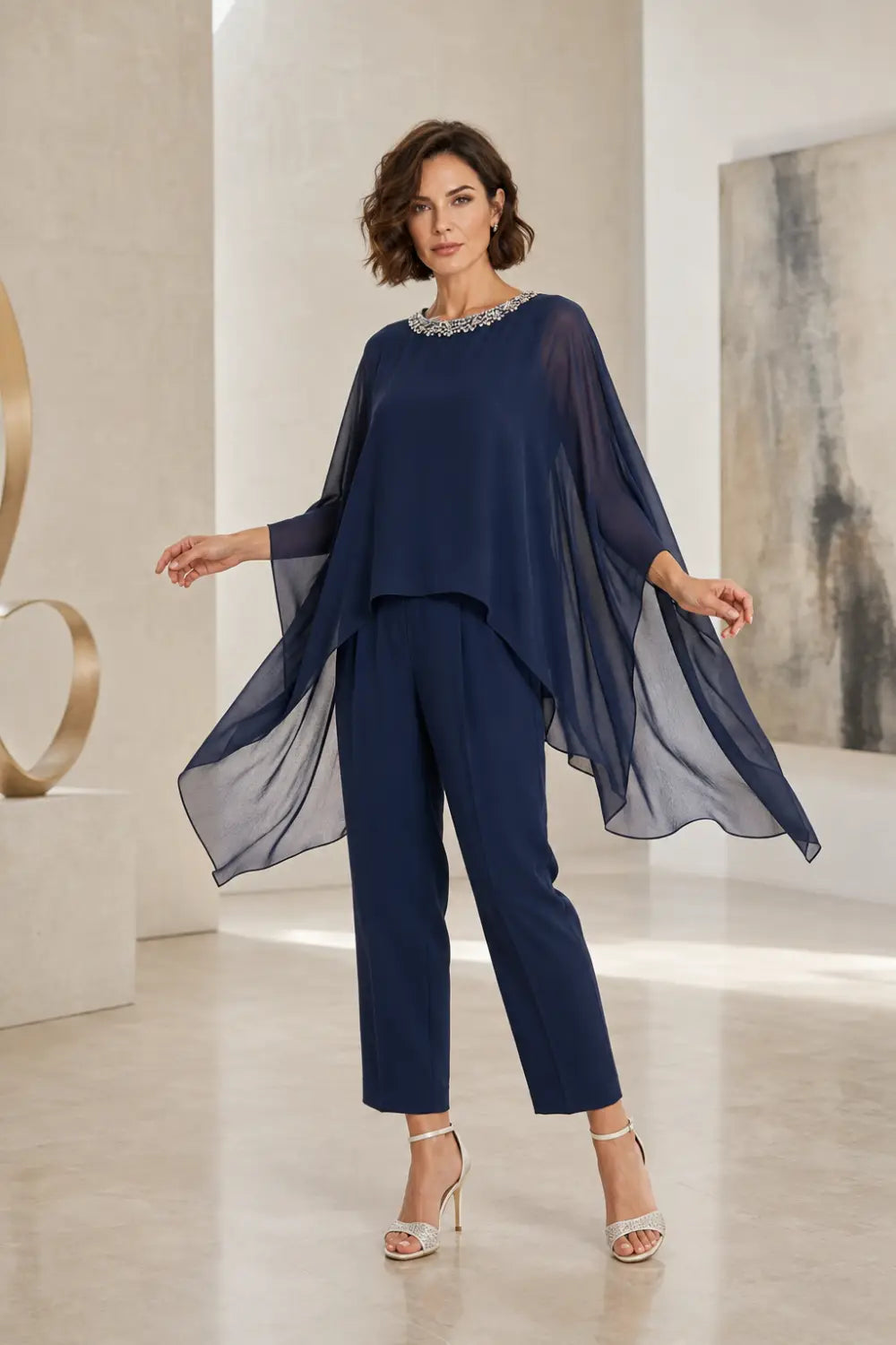 Beaded Asymmetric Capelet Trouser Suit