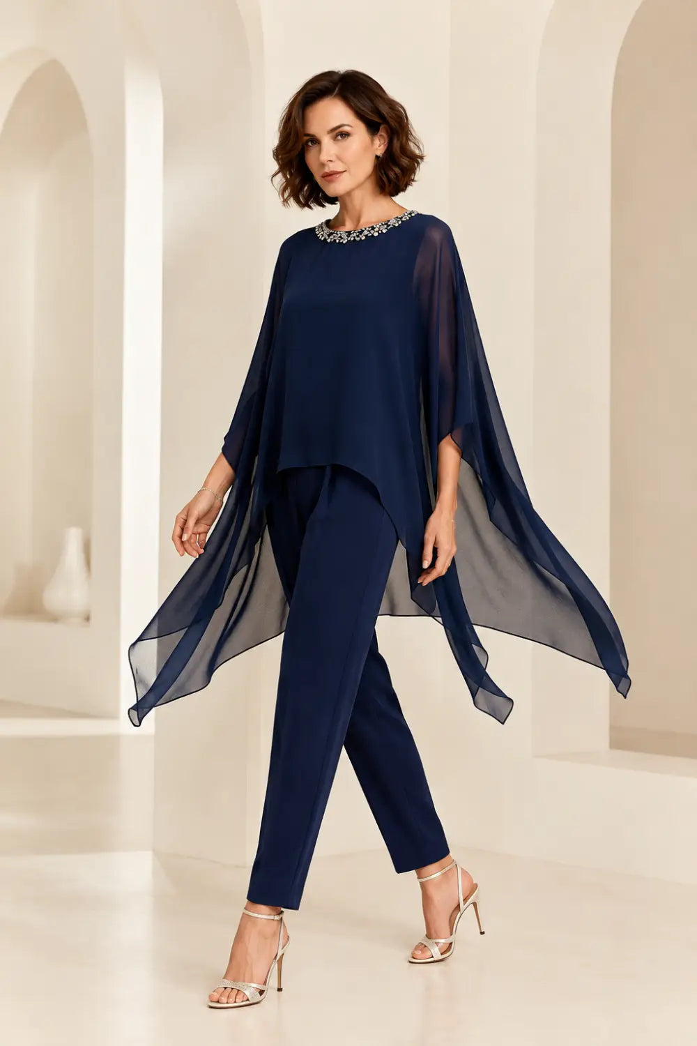 Beaded Asymmetric Capelet Trouser Suit