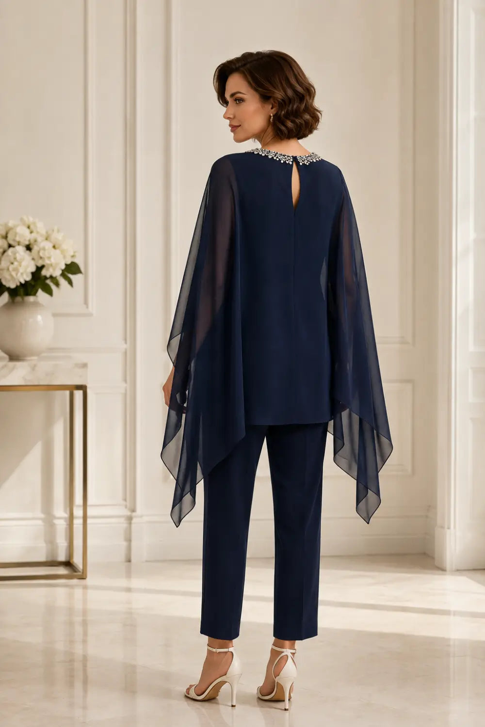 Beaded Asymmetric Capelet Trouser Suit
