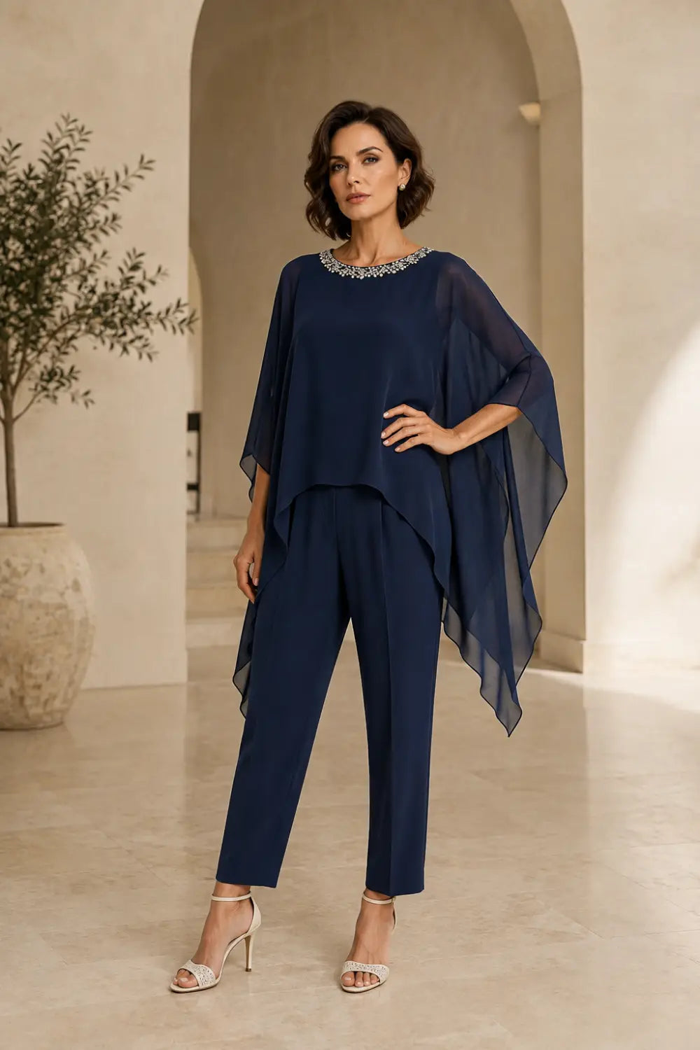 Beaded Asymmetric Capelet Trouser Suit