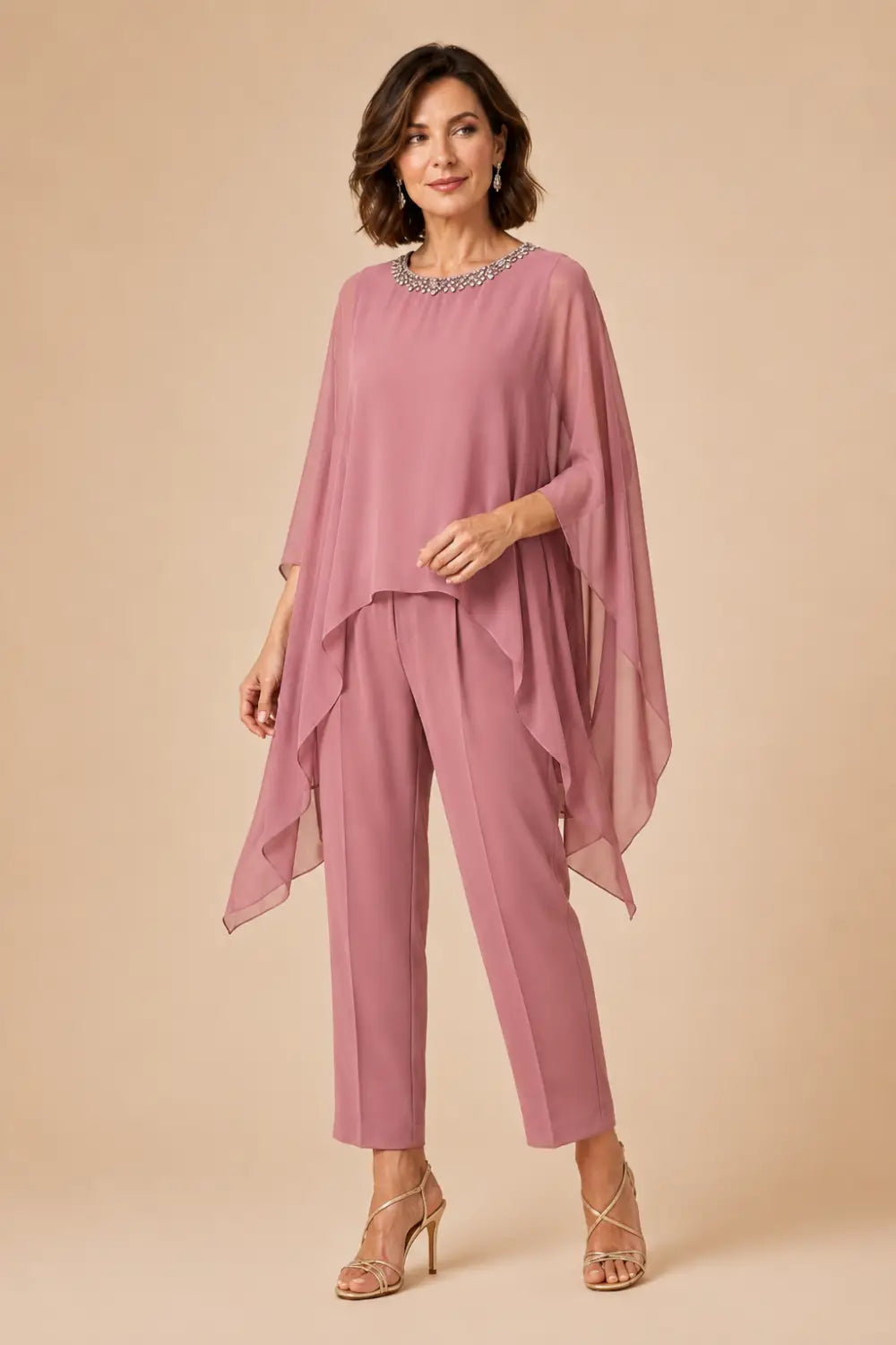 Beaded Asymmetric Capelet Trouser Suit
