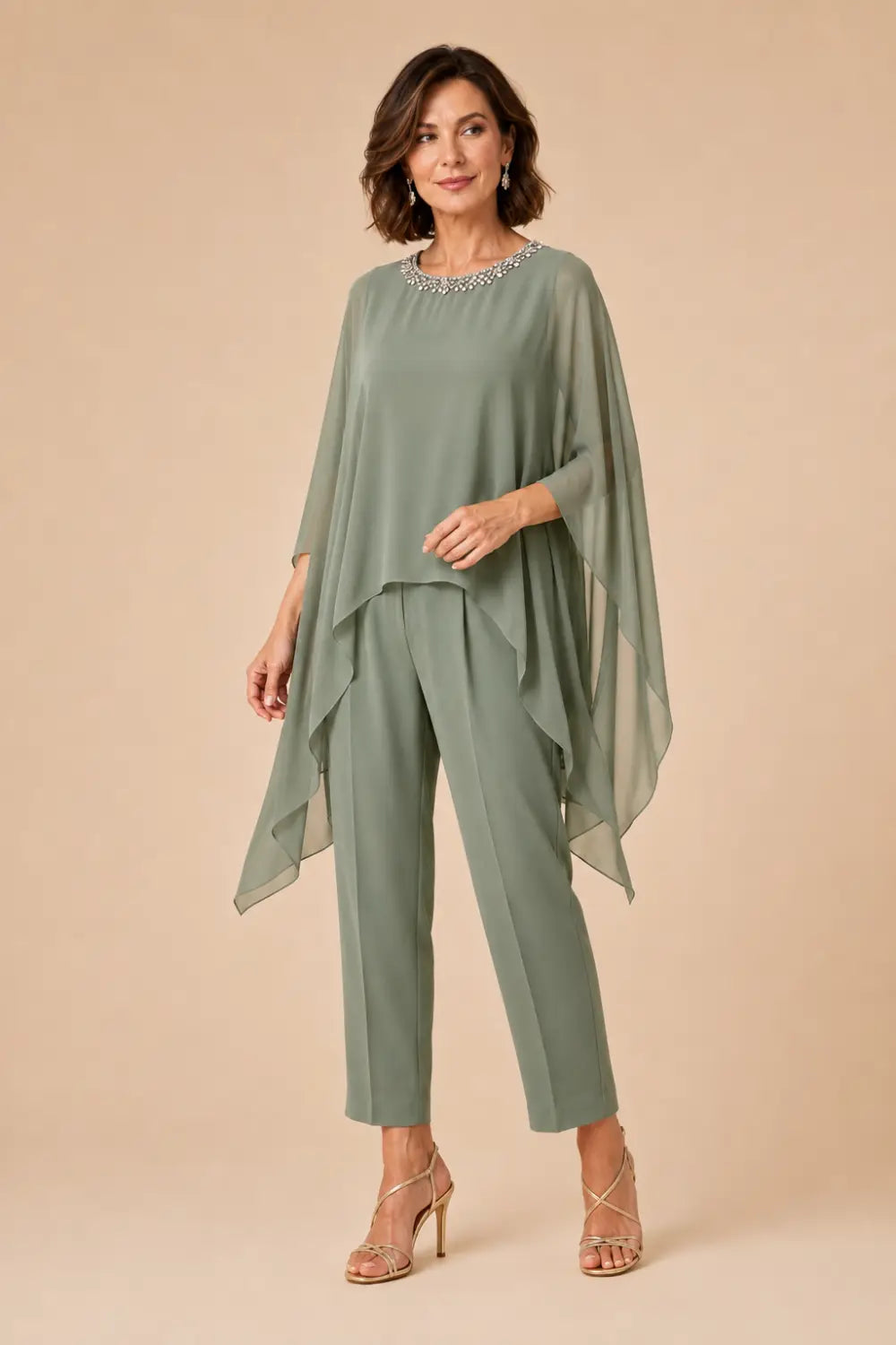 Beaded Asymmetric Capelet Trouser Suit