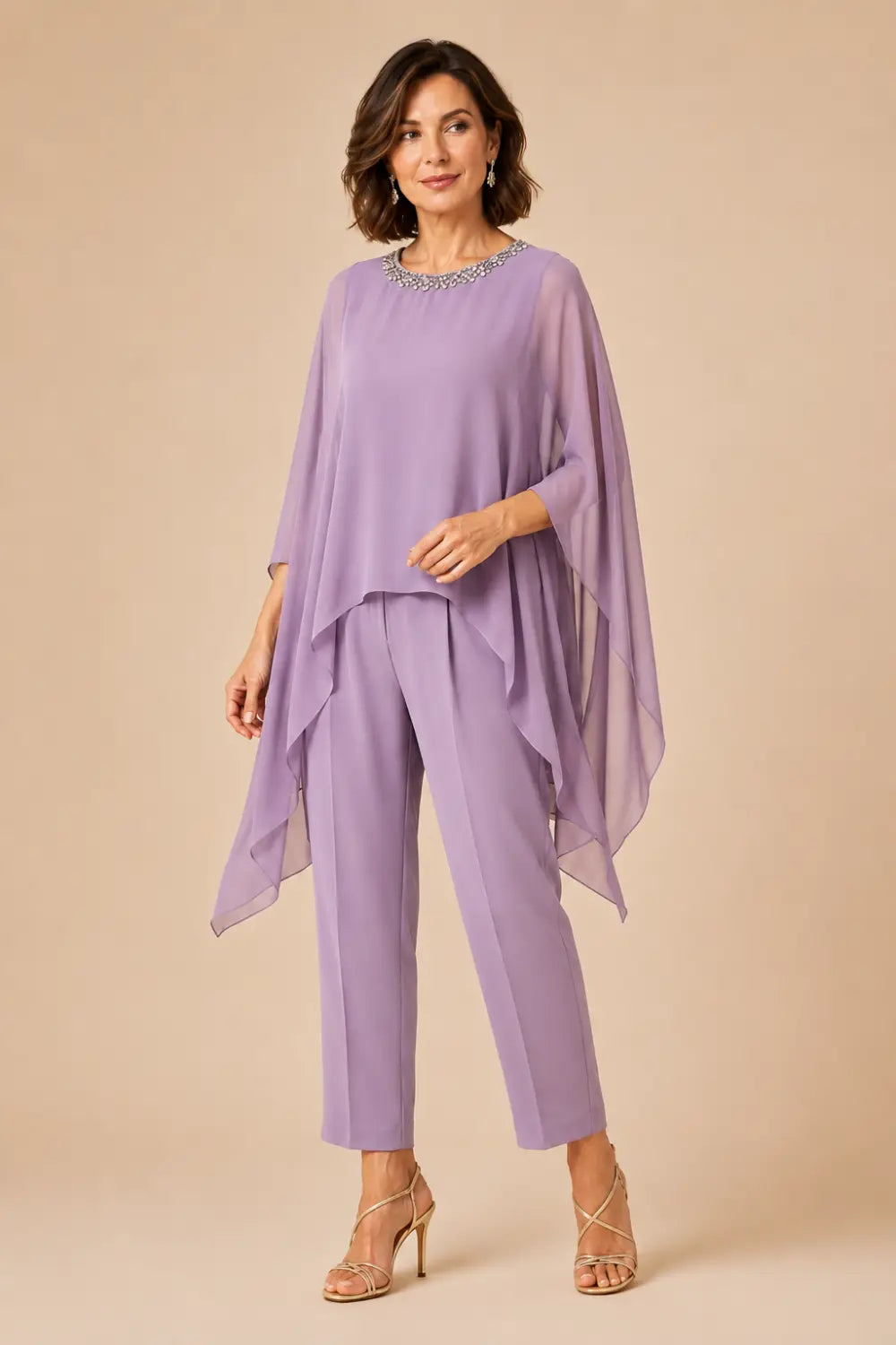 Beaded Asymmetric Capelet Trouser Suit