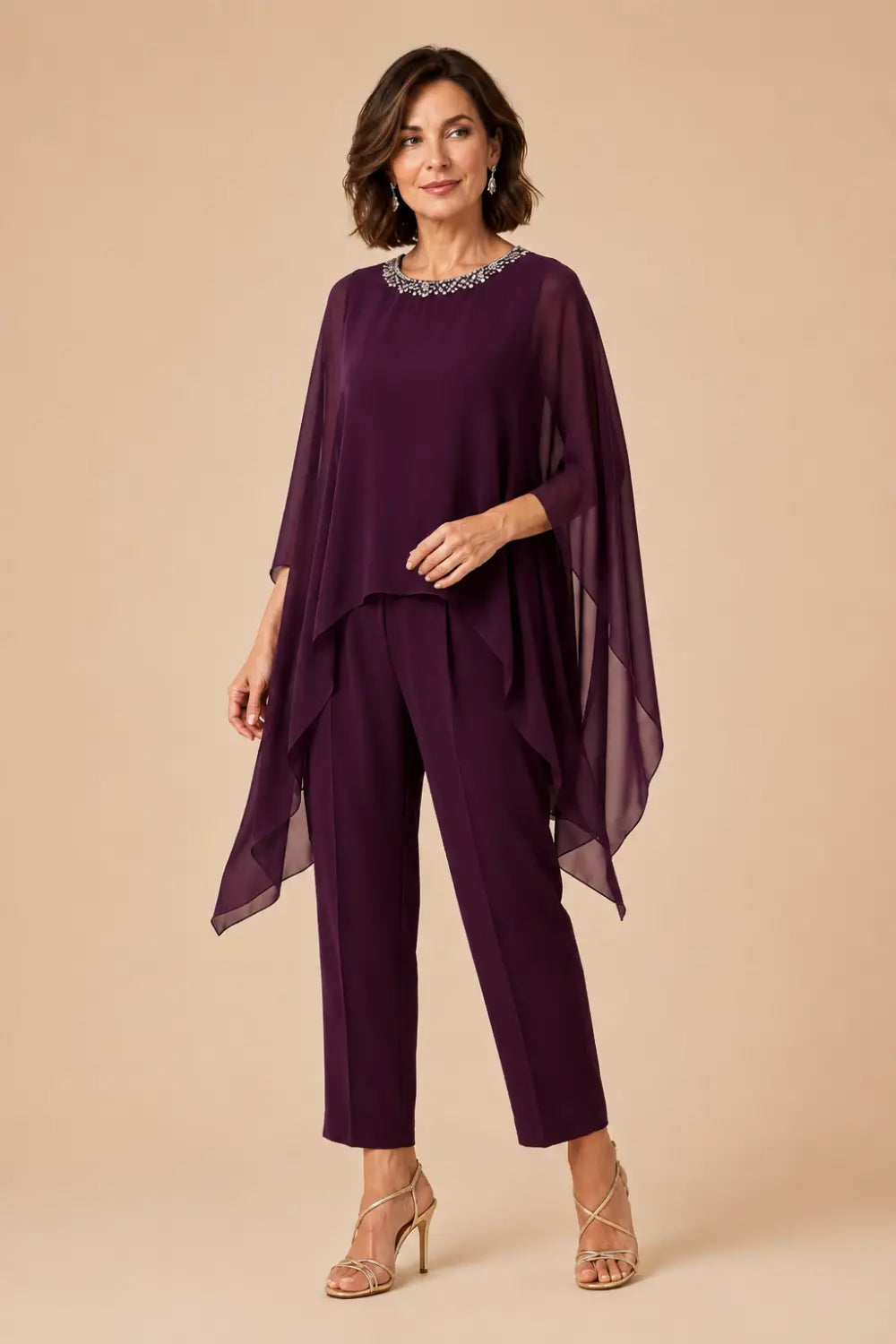 Beaded Asymmetric Capelet Trouser Suit