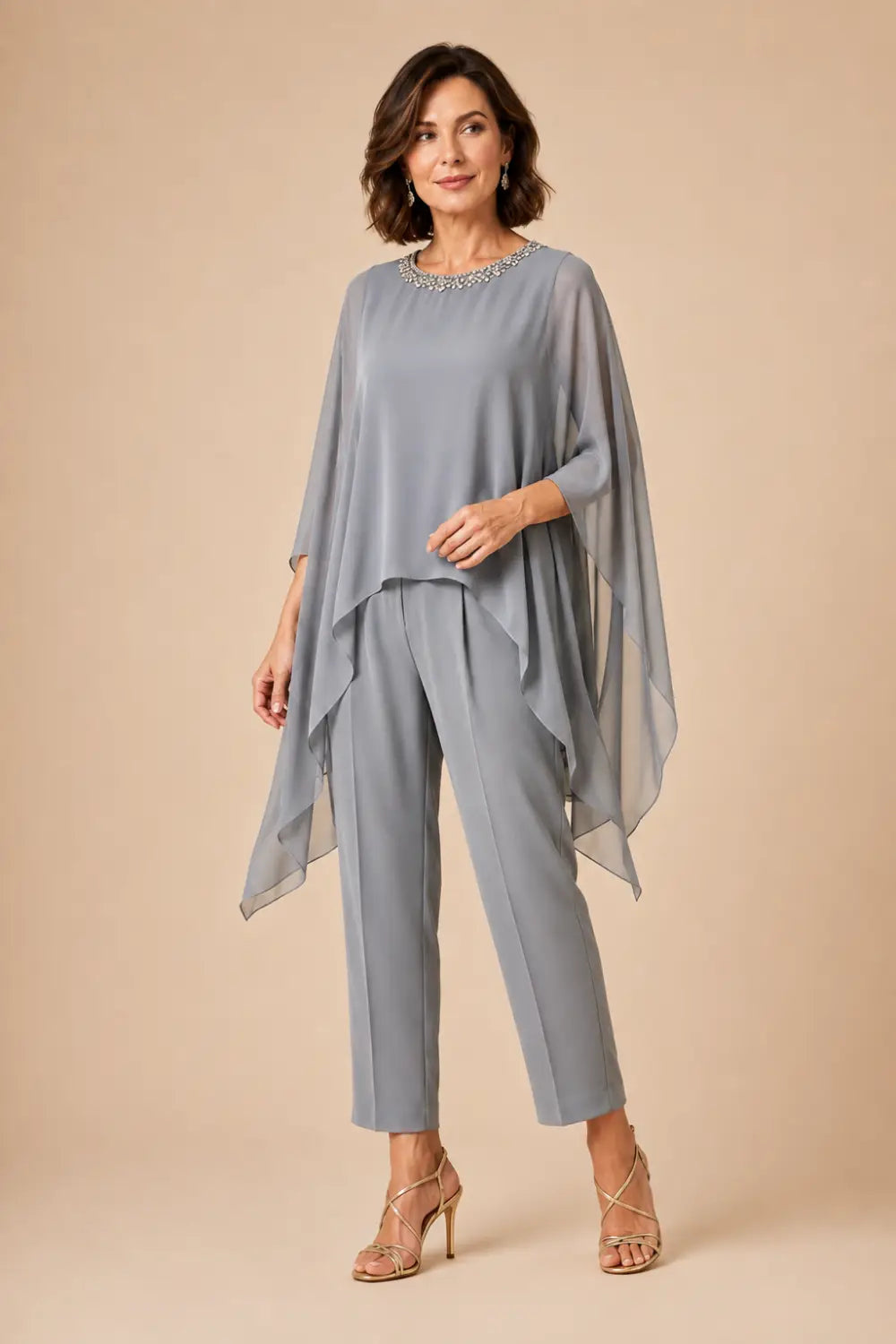 Beaded Asymmetric Capelet Trouser Suit