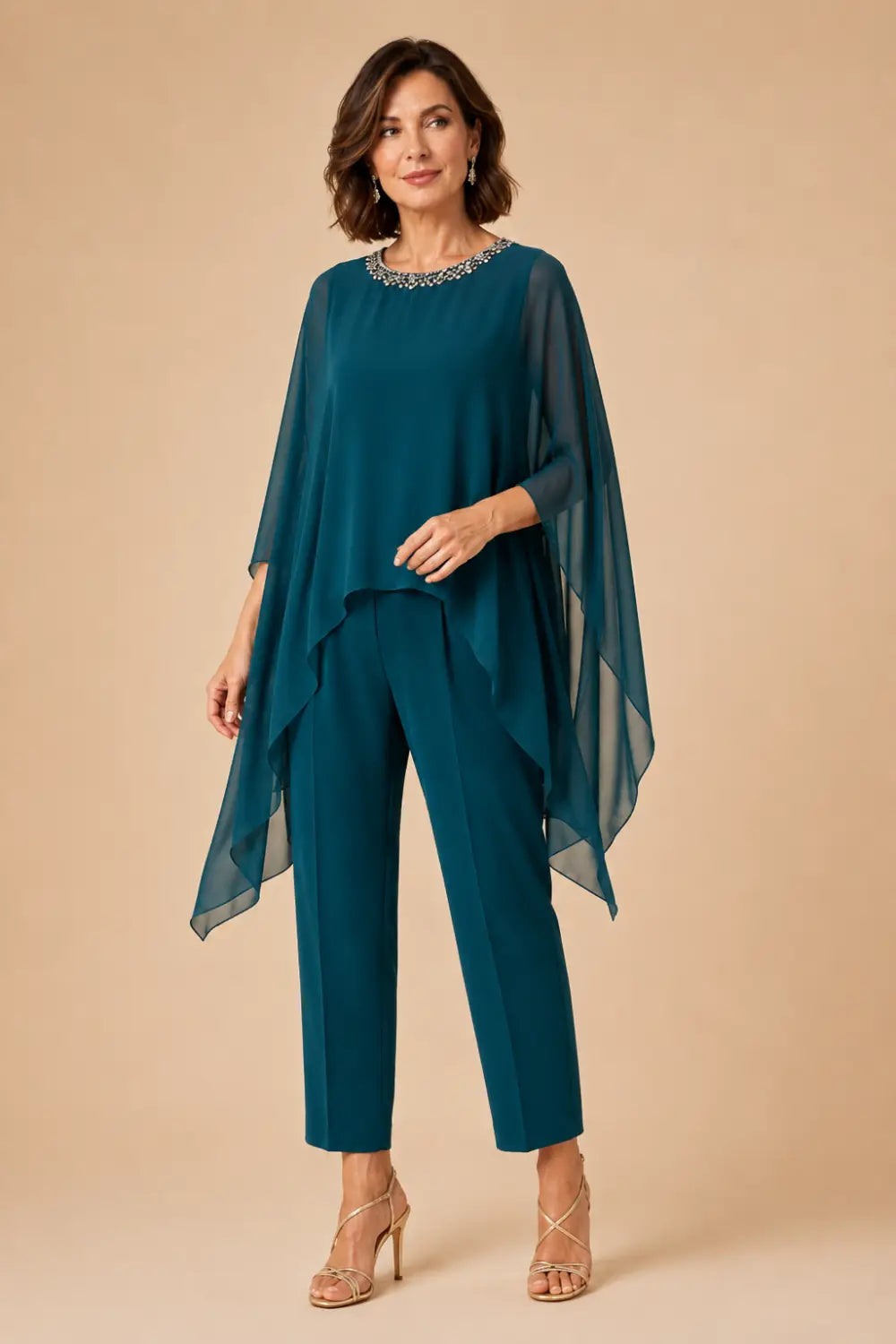 Beaded Asymmetric Capelet Trouser Suit