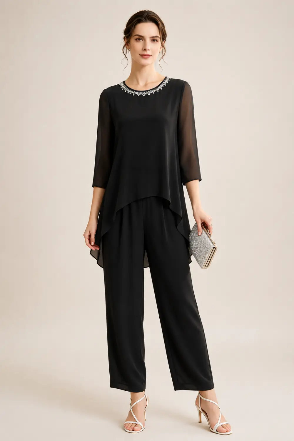Beaded Capelet Trouser Suit with Wide-Leg Trousers
