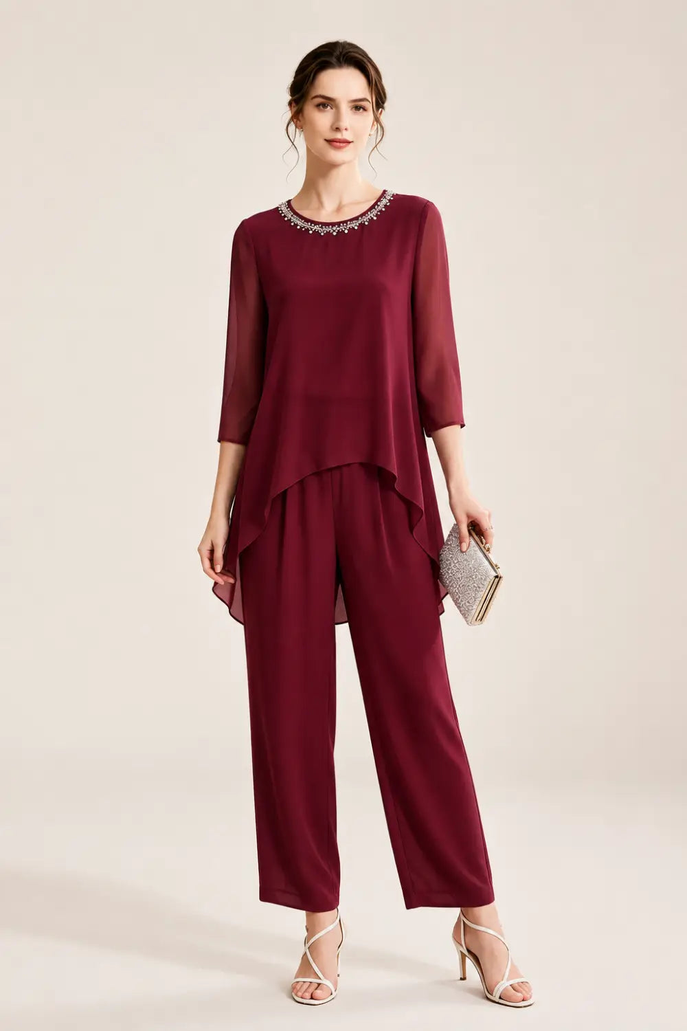 Beaded Capelet Trouser Suit with Wide-Leg Trousers