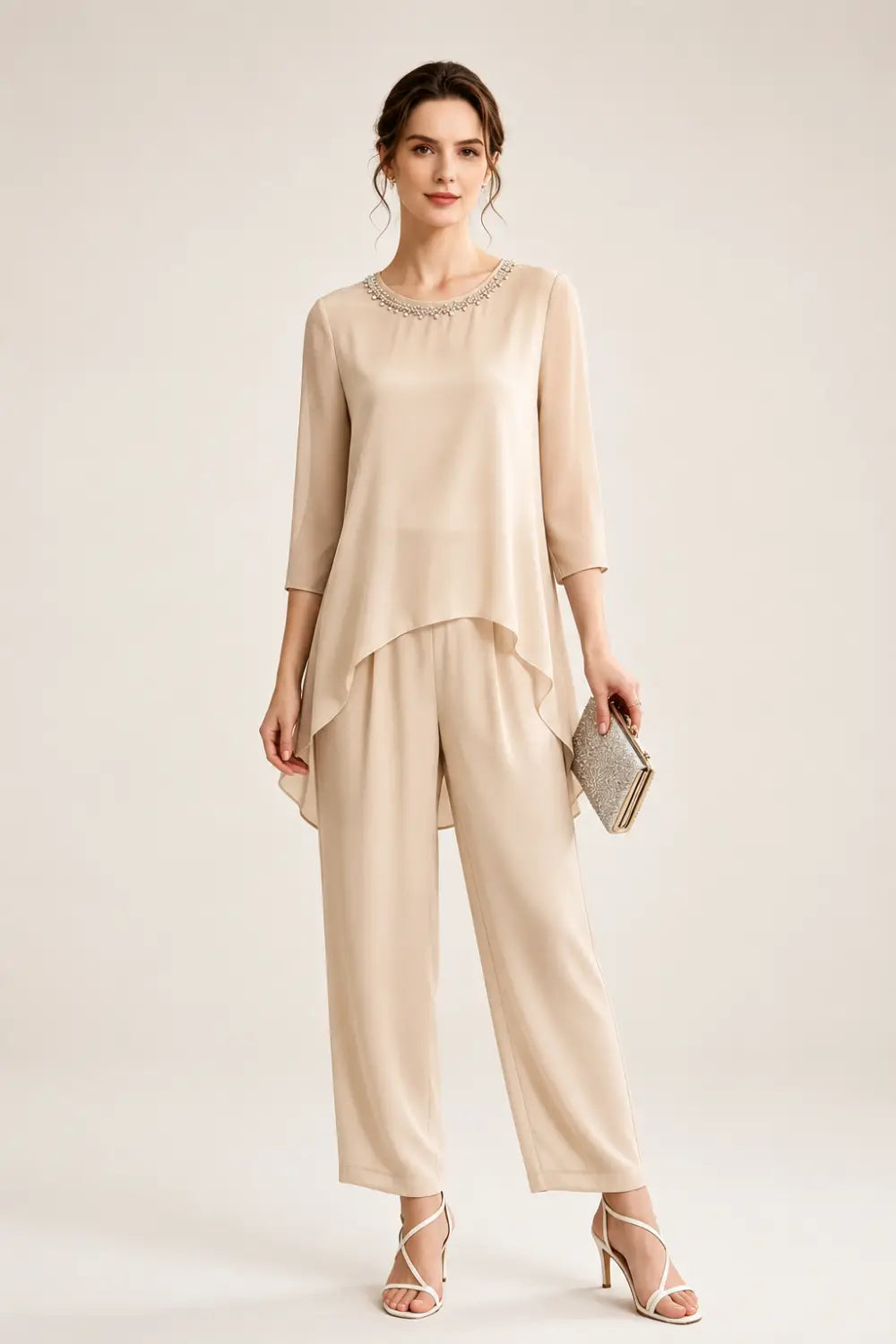 Beaded Capelet Trouser Suit with Wide-Leg Trousers