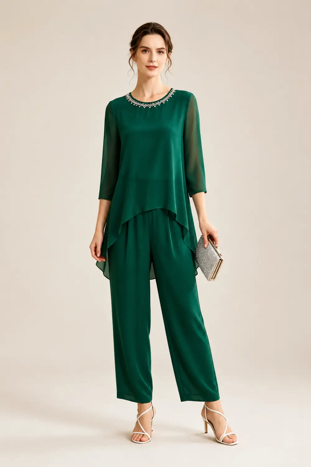 Beaded Capelet Trouser Suit with Wide-Leg Trousers